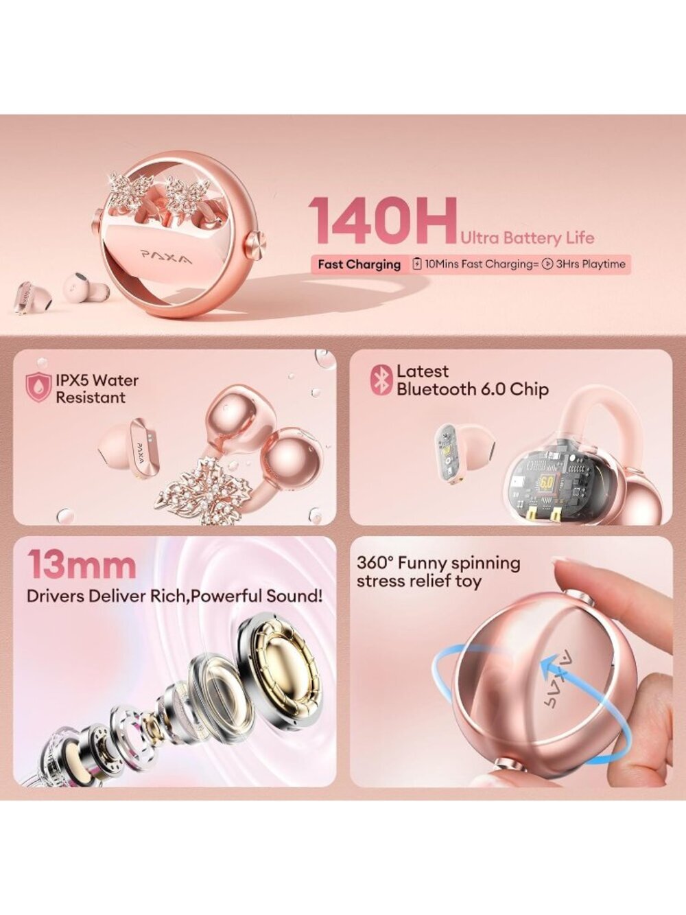Wireless Rose Gold 1 Clip-On Butterfly Earring Ultra-long 140H Bluetooth Earbud - Picture 5 of 6